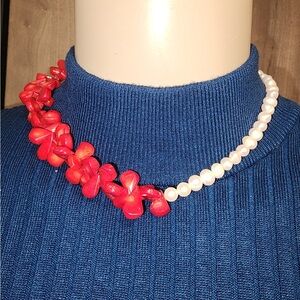 Red Faux Coral& Freshwater Pearl Necklace